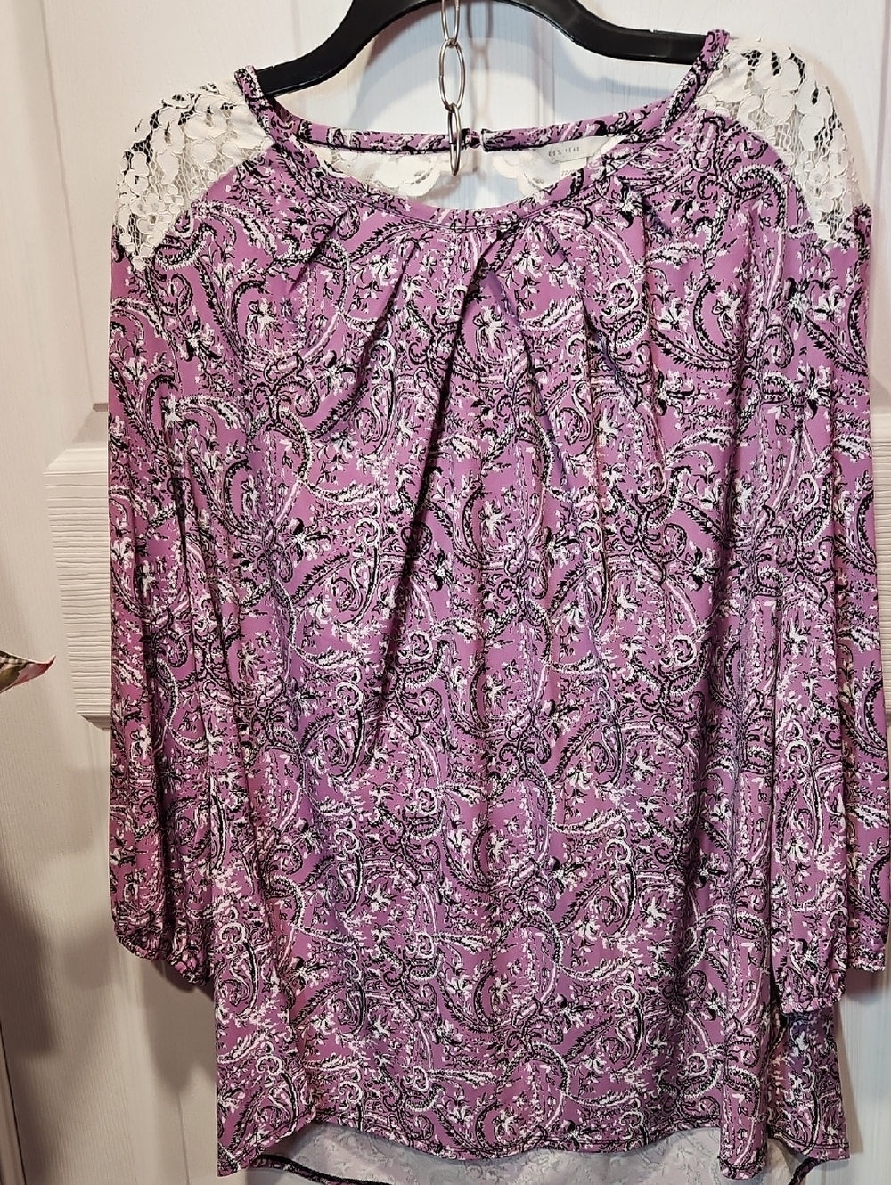 Lilac Paisley Print Blouse with Lace Trim